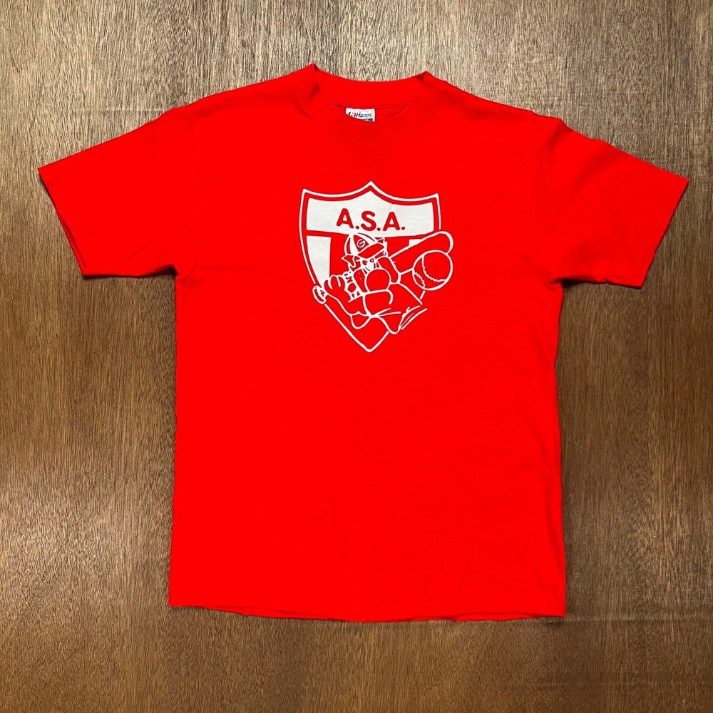 Vintage 1985 Hanes Beefy-T ASA Slow Pitch Nationals T-Shirt Red XL Single Stitch